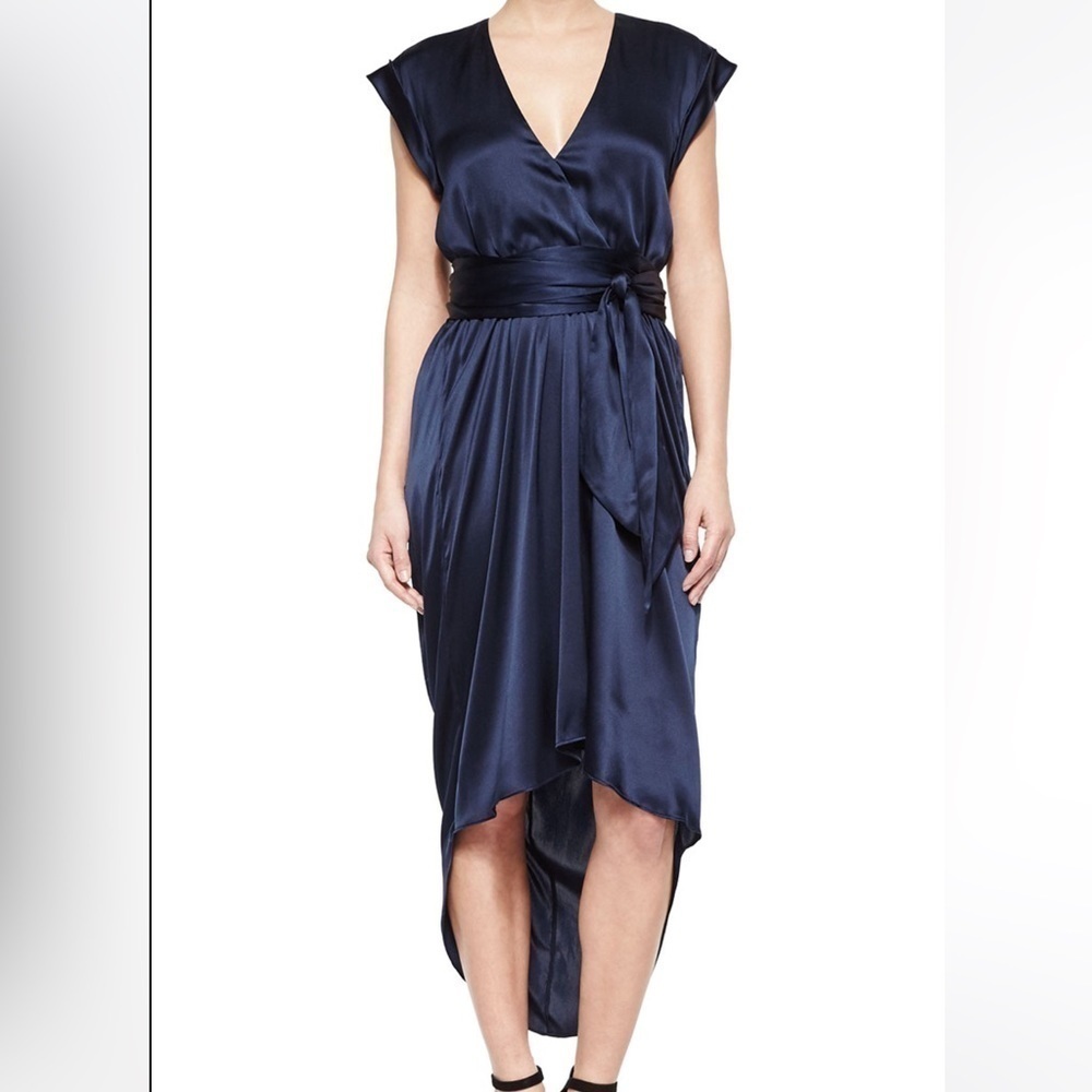 Alice & Olivia Toni V-Neck Navy Satin Hi Low Dress SIZE 4